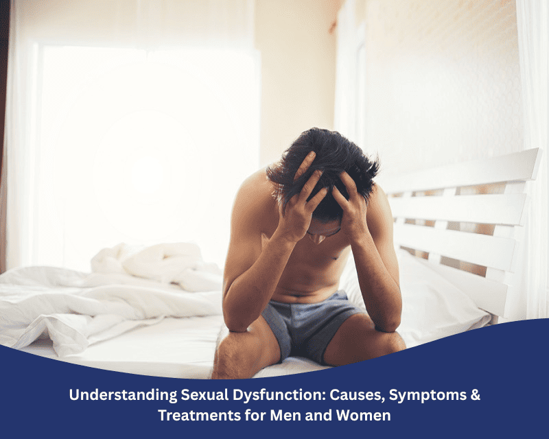 Man sitting on bed with head in hands, showing signs of distress, symbolizing sexual dysfunction in men.
