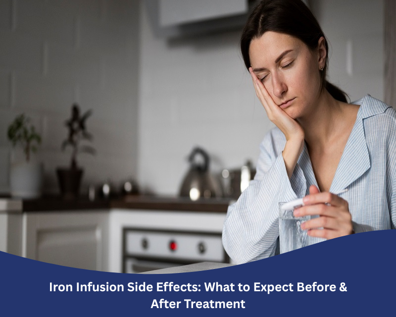Woman feeling tired after iron infusion treatment, sitting with a glass of water