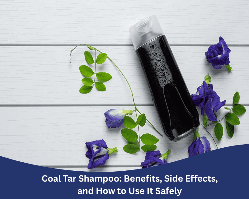 Bottle of coal tar shampoo on a white wooden background with purple flowers and green leaves
