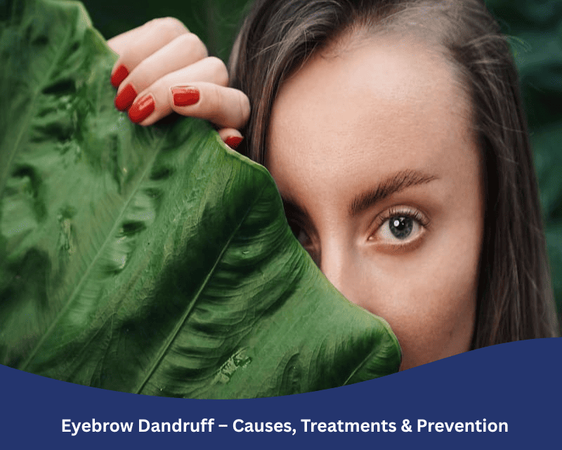 Close-up of a woman with healthy eyebrows partially covered by a green leaf – representing eyebrow dandruff awareness and natural skincare.