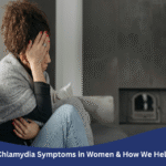 A woman sitting on a couch, holding her head, looking concerned or unwell.