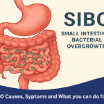 Illustration of the stomach and small intestine showing bacterial overgrowth, representing SIBO (Small Intestinal Bacterial Overgrowth).