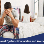 A man and woman sit apart on a bed, looking distressed, illustrating the relationship impact of sexual dysfunction.