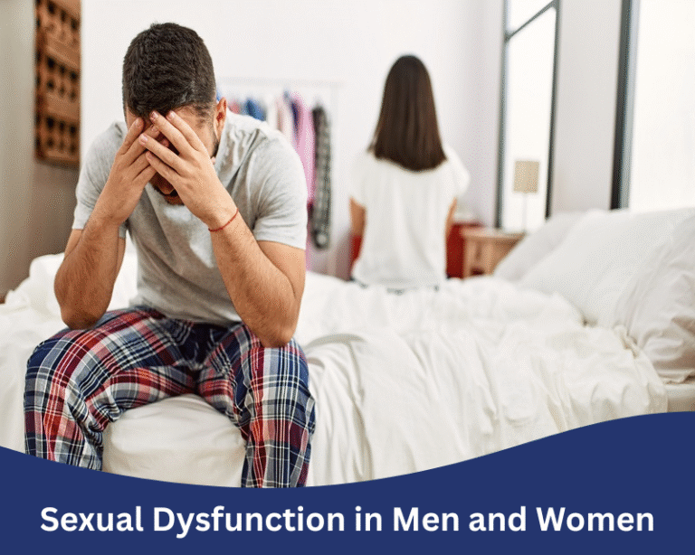 A man and woman sit apart on a bed, looking distressed, illustrating the relationship impact of sexual dysfunction.