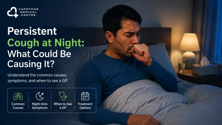 Man in bed coughing into his fist at night; banner text about persistent cough and seeking a GP for guidance on causes and treatment.