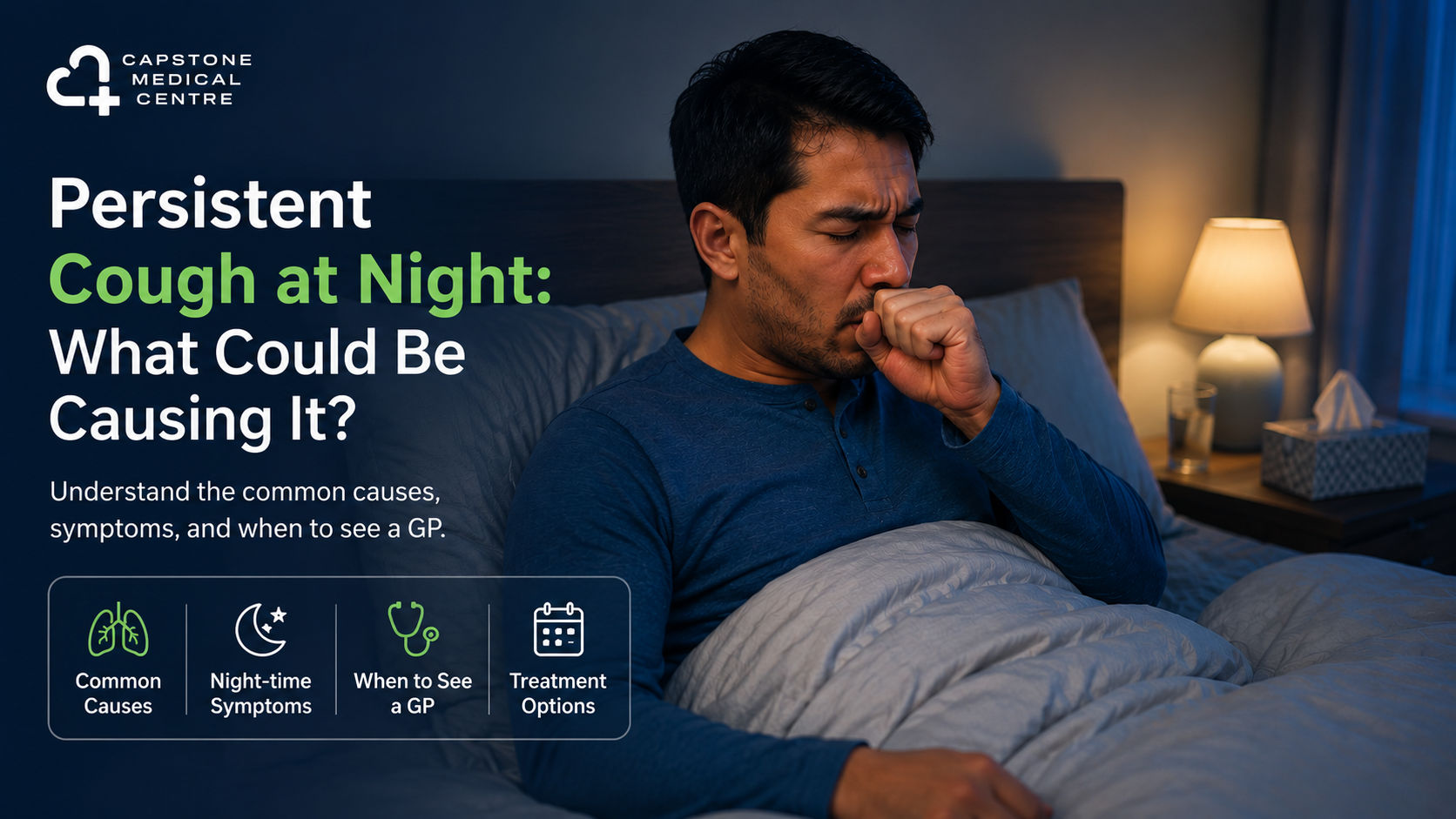 Man in bed coughing into his fist at night; banner text about persistent cough and seeking a GP for guidance on causes and treatment.