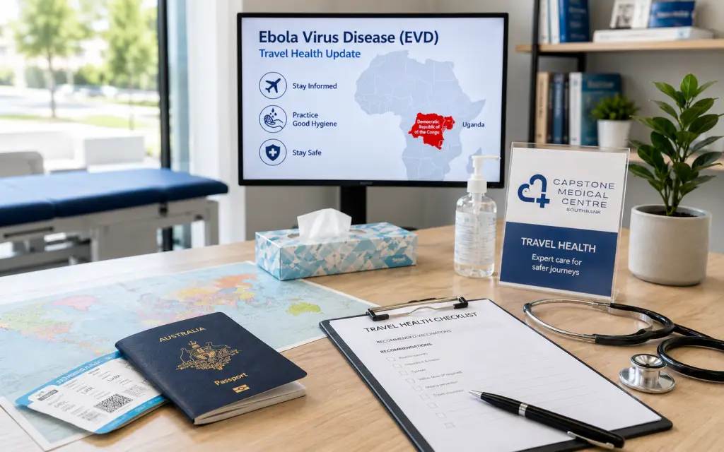 Clinic desk with a monitor displaying an Ebola update and Africa map, plus travel health icons in a medical setting.