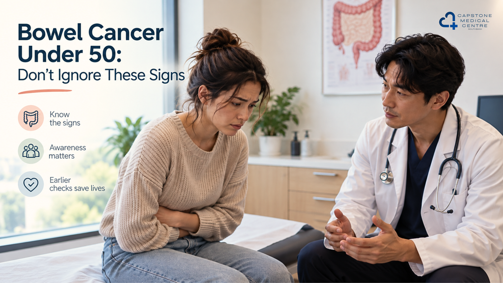 Young adult discussing possible bowel cancer symptoms with a GP