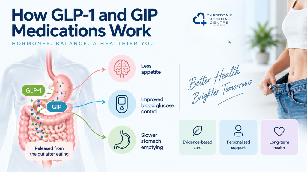 Banner infographic explaining how GLP-1 and GIP medications work, with a labeled gut diagram and icons about appetite, blood glucose control, and health messages.