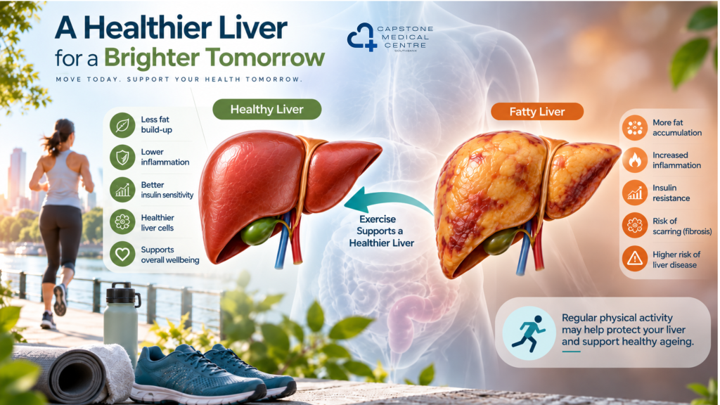 Infographic comparing healthy and fatty liver with a runner and outdoor scene, listing benefits like less fat, lower inflammation, and better insulin sensitivity.