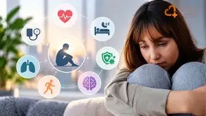 Loneliness and Physical Health: 7 Important Effects - Capstone Medical Centre Southbank Woman experiencing loneliness surrounded by medical icons illustrating potential effects on physical health, including heart health, sleep, immunity and brain function.