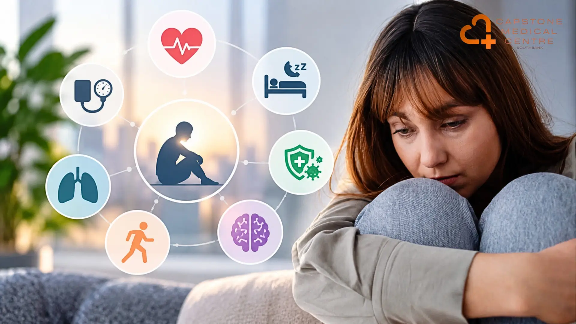 Woman experiencing loneliness surrounded by medical icons illustrating potential effects on physical health, including heart health, sleep, immunity and brain function.